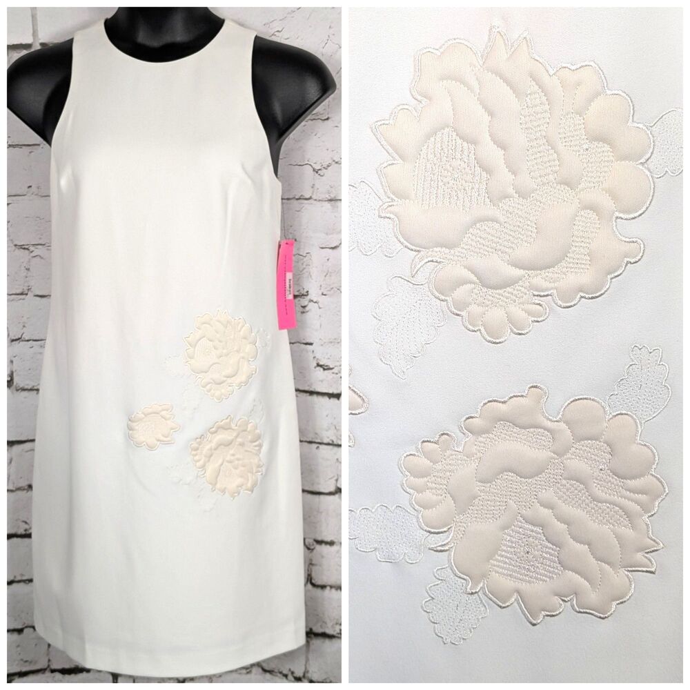 BETSEY JOHNSON Floral Applique Stretch Sheath Dress Ivory Artsy Size 12 NWT - Picture 1 of 10